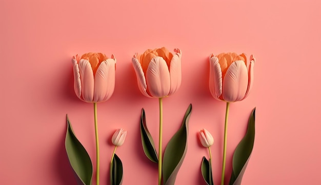 Flores de tulipán de primavera sobre fondo rosa vista superior generativa Ai