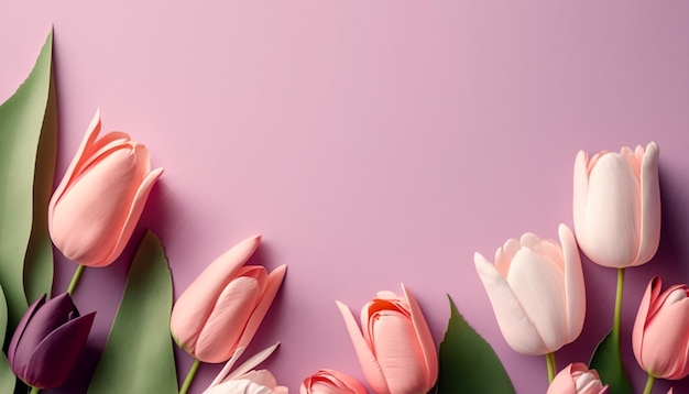 Flores de tulipán de primavera en la vista superior de fondo rosa en estilo plano