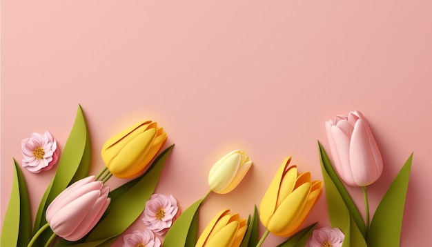 Flores de tulipán de primavera en la vista superior de fondo rosa en estilo plano