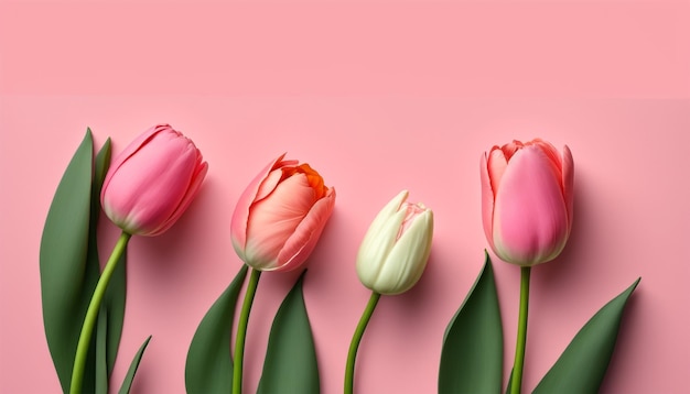 Flores de tulipán de primavera en la vista superior de fondo rosa en estilo plano