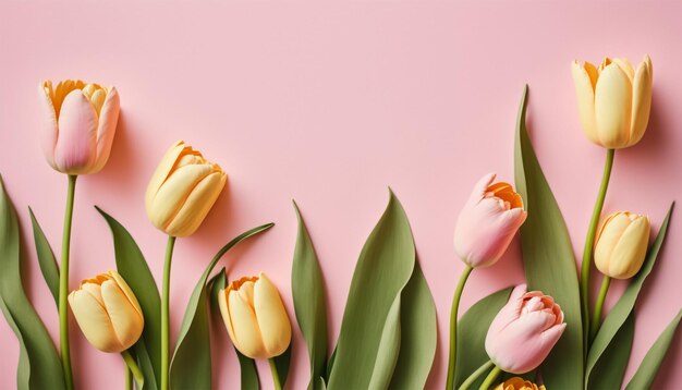 Flores de tulipán de primavera en la vista superior de fondo rosa en estilo plano