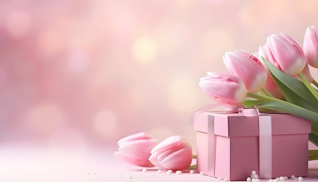 flores de tulipán rosa y caja de regalo con lazo de cinta sobre fondo bokeh para el día de la mujer