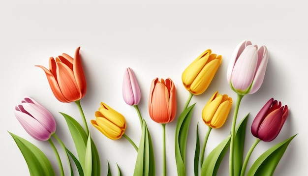 Flores de tulipanes de colores de primavera sobre fondo blanco aptas para el Día de San Valentín Cumpleaños de Pascua Feliz Día de la Mujer Invitaciones de boda del Día de la Madre Endecha plana Espacio para texto generado por Ai