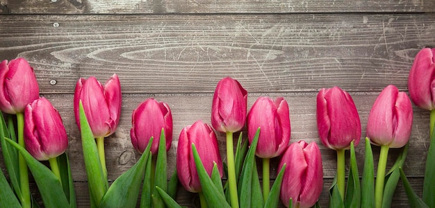 Flores de tulipanes de primavera sobre un fondo de madera antiguo