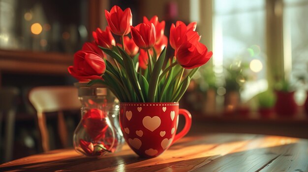 Flores de tulipanes rojos en taza roja con corazones