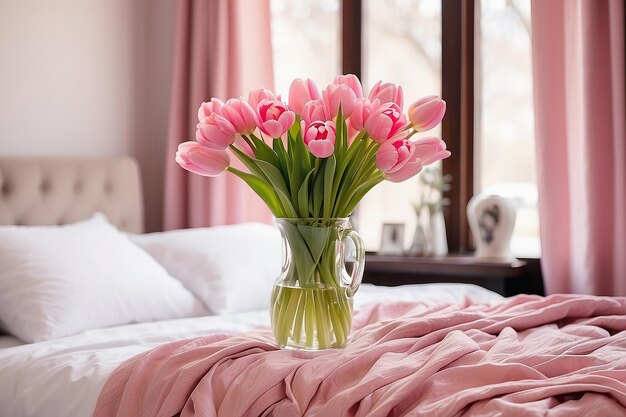 Foto flores de tulipanes rosados en un jarrón en un dormitorio