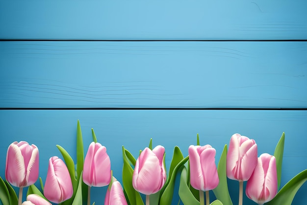 Flores de tulipanes rosas aisladas sobre fondo azul