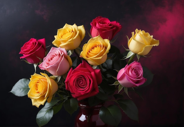 Flores um monte de rosas de cores diferentes em um fundo escuro