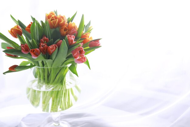 Flores, vacaciones de primavera y concepto de decoración del hogar - Ramo de hermosos tulipanes, fondo floral