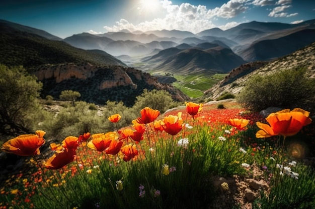 Flores en un valle rodeado de escarpadas cadenas montañosas en primavera y verano