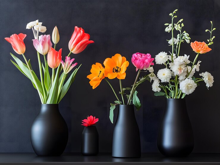 Flores con varios colores vibrantes en vasos negros de varias formas AI generativa