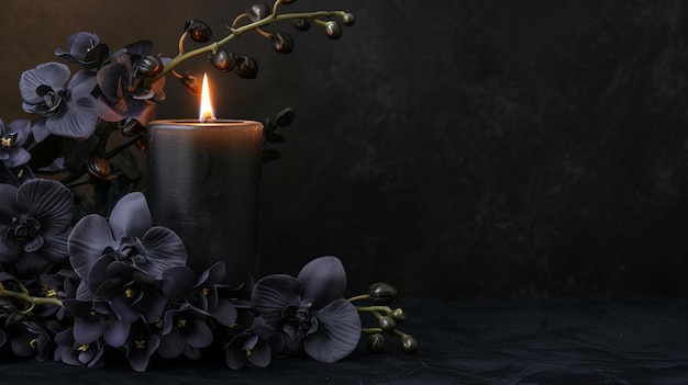 flores con una vela encendida en un fondo negro con espacio para el texto