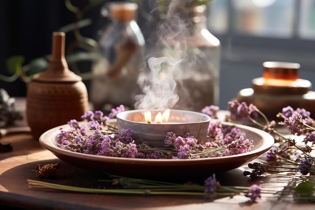 flores y velas en un fondo cálido Aromaterapia