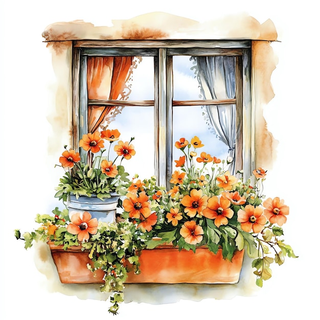 las flores de la ventana ilustración concepto de acuarela