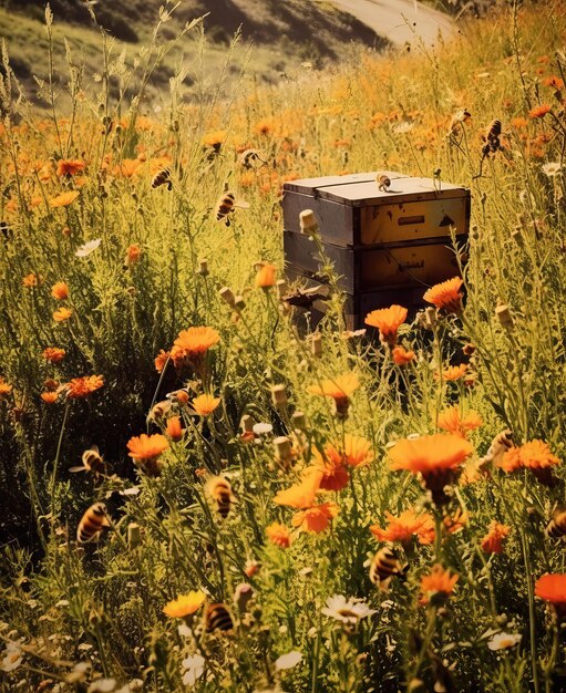 Flores de verano en un campo con abejas en un día soleado