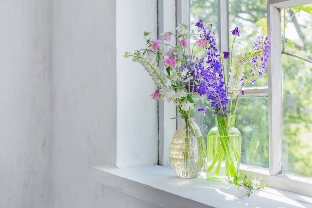 Flores de verano en florero en el alféizar de la ventana en la luz del sol