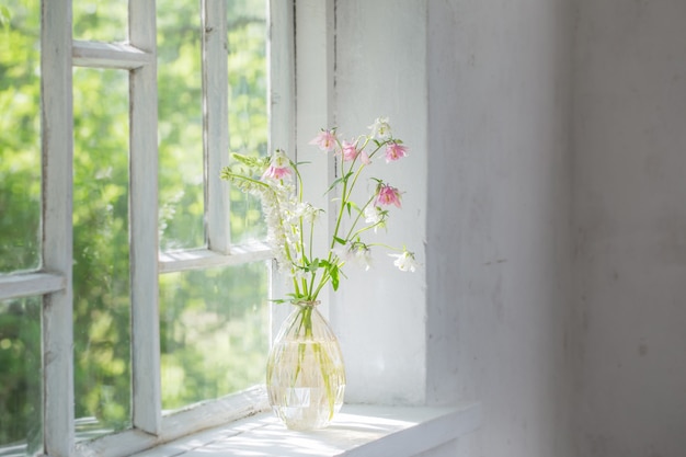 Flores de verano en un jarrón en el alféizar de la ventana en la luz del sol