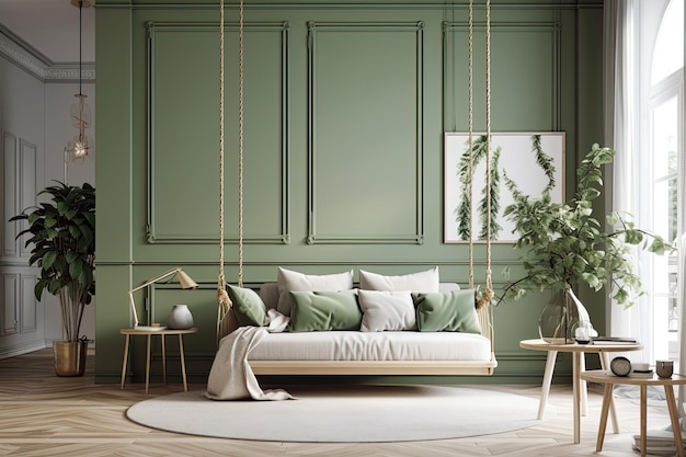 Flores verdes em um balanço chique em uma sofisticada sala de estar com sofá de canto e almofadas