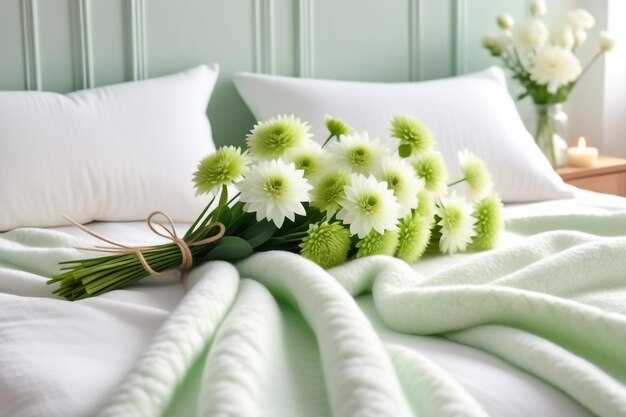 Flores verdes en una manta blanca con luz suave