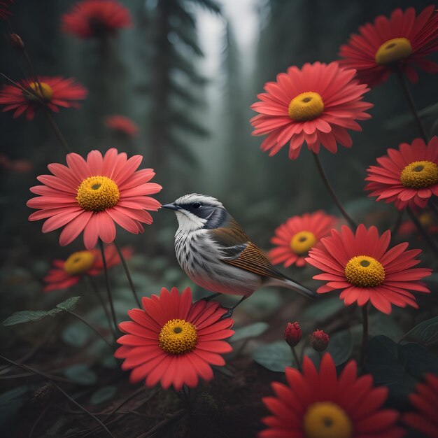 Flores vermelhas de margarida na floresta com um pássaro em primeiro plano