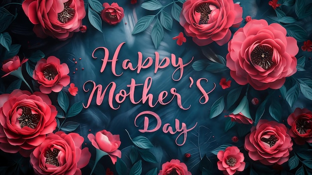 Foto flores vermelhas exuberantes enquadram um elegante desenho de fundo de dia das mães escrito à mão