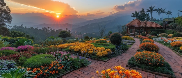 Flores vibrantes amanecer sobre el jardín en la cima de la colina