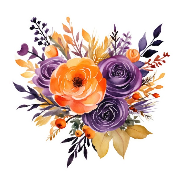 Flores vibrantes Un cautivador ramo de flores en acuarela con un toque de púrpura y naranja en un blanco