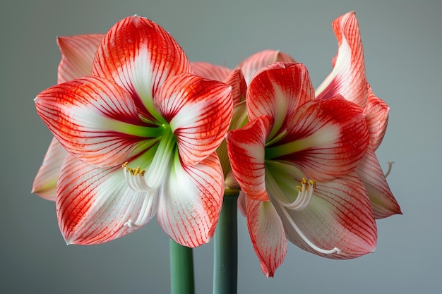 Flores vibrantes de amaryllis de listras vermelhas e brancas em plena floração com fundo cinza suave