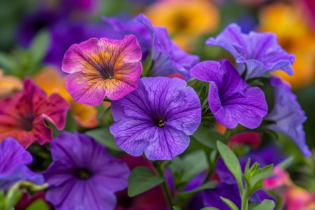 Flores vibrantes de petúnia roxa e laranja em plena floração em meio à vegetação exuberante em um jardim de primavera