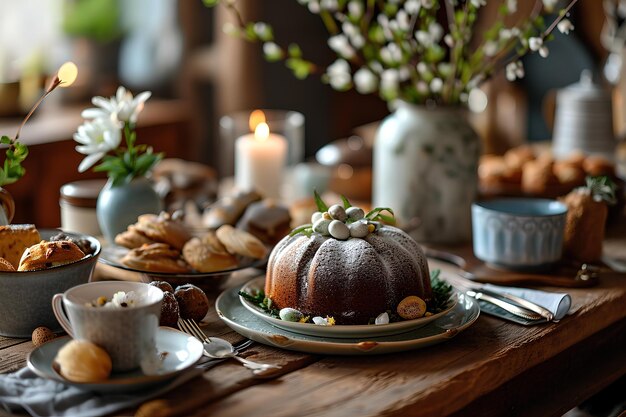 Flores vibrantes e doces Frutas e bolos de Páscoa adornam a mesa da primavera