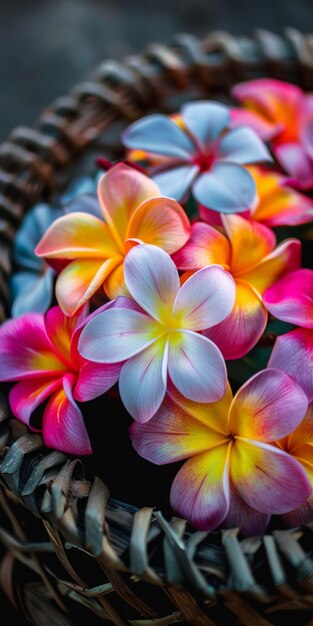 Foto flores vibrantes de plumeria en una canasta tejida