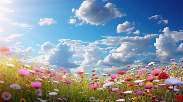 Flores vibrantes que florecen bajo el cielo azul en el prado de la naturaleza