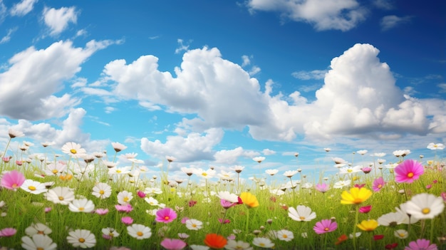 Flores vibrantes que florecen bajo el cielo azul en el prado de la naturaleza