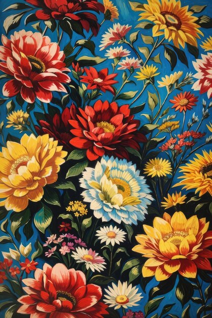 Flores vintage florais de cores vibrantes em flor