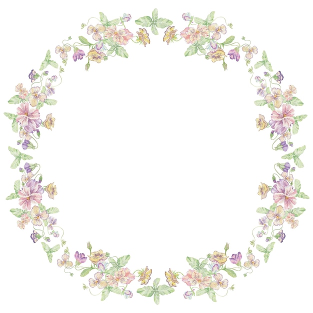 Flores de violetas Ilustración de clipart de acuarela de composición floral de marco redondo sobre fondo blanco Para invitaciones tarjetas postales tarjetas de visita Decoración de tazas platos otros materiales impresos
