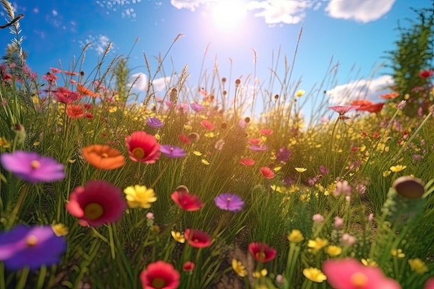 Flores vívidas y brillantes en un campo con paisajes fotorrealistas en primavera y verano Ayuda a salvar el planeta IA generativa