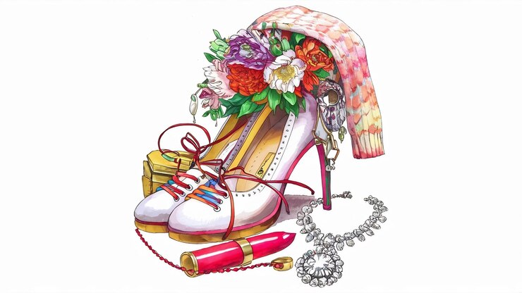 Foto flores con zapatos de mujer collar de lápiz labial y suéter