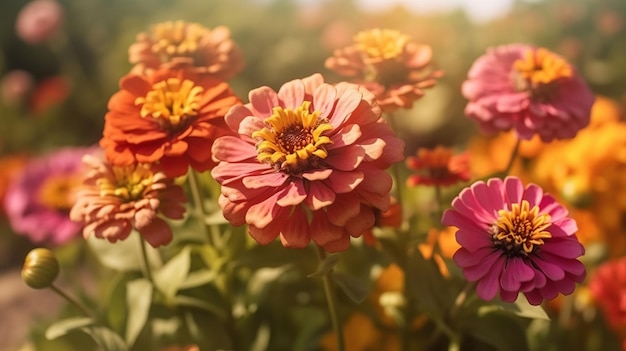 Flores de zinnia brillantes cerca como una hermosa base de tiempo de cosecha Fondo del concepto de tema de caída Centro específico Generado por IA