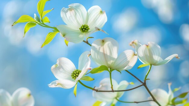 Foto florescente dogwood close-up de flor branca branca contra o céu azul