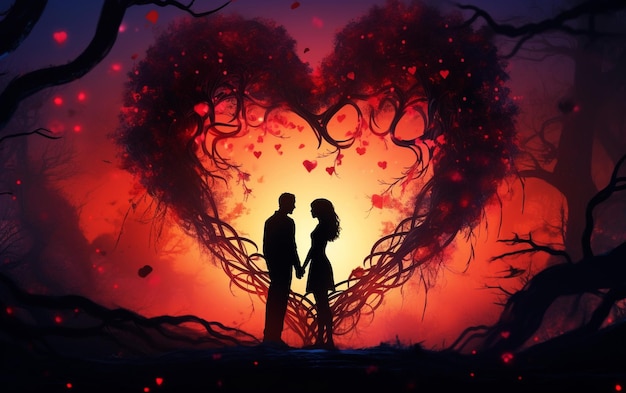 Foto florescente romance siluetas de alto detalhe e amor coração rose vine