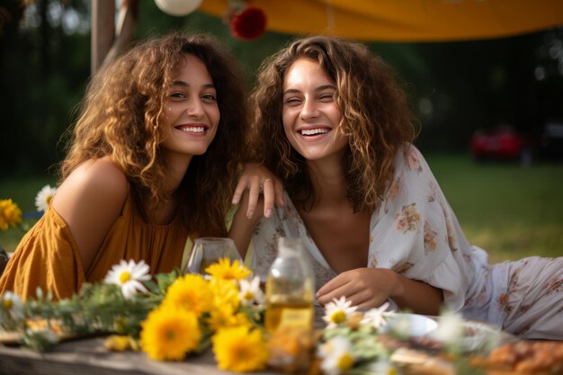 Foto florescente tranquilidade cativante juventude em uma mesa de piquenique adornada com flores