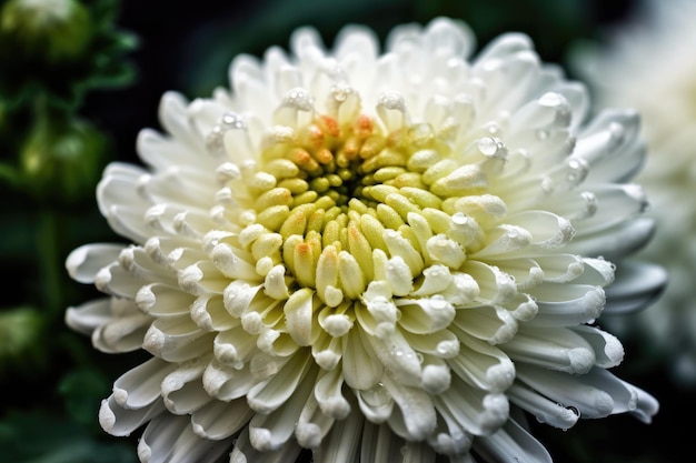 Florescimento completo de uma macrofotografia branca Pon Pon Mum Chrysanthemum de perto