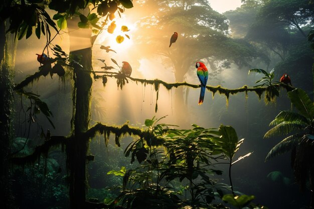 Floresta Amazônica Uma vibrante sinfonia de flora e fauna em um cenário nebuloso