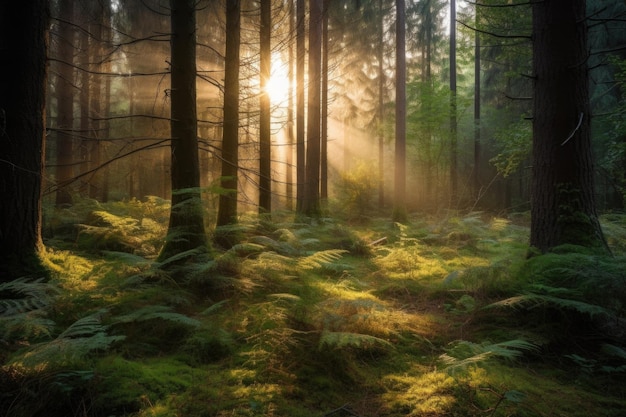 Floresta ao nascer do sol com raios de luz solar brilhando através das árvores criadas com ai gerativa