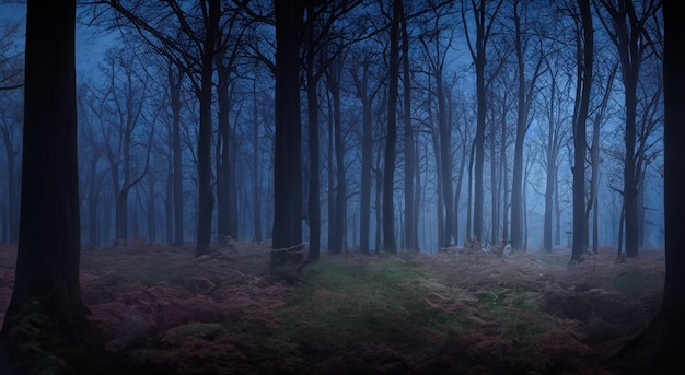 floresta assustadora à noite com escuridão E ÁRVORES altas