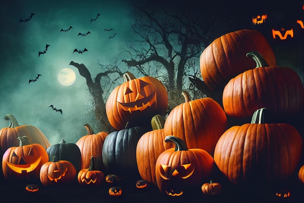 Floresta assustadora com abóboras de Halloween Morcegos lua e árvores Abóboras de laranja assustadoras