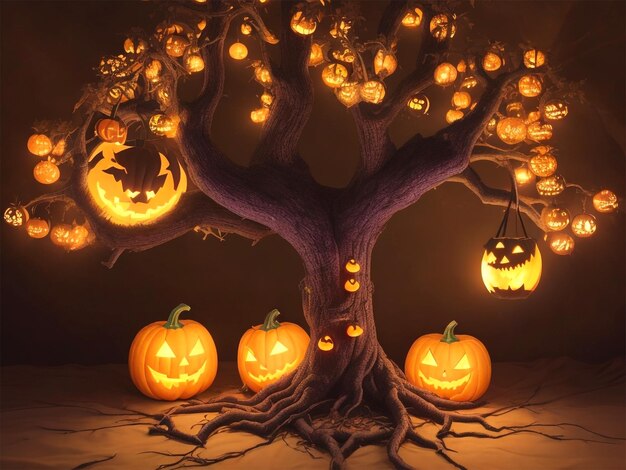 Foto floresta assustadora de fundo de halloween com abóbora de casa assombrada e lua cheia