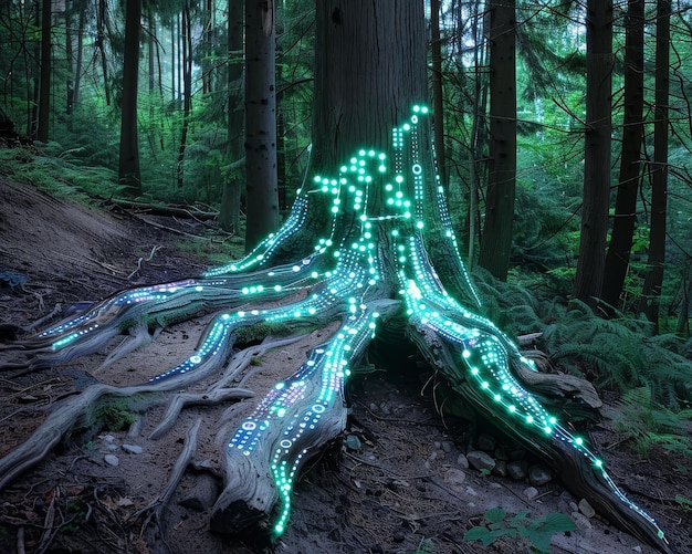 Floresta ciber-encantada onde a tecnologia encontra a natureza