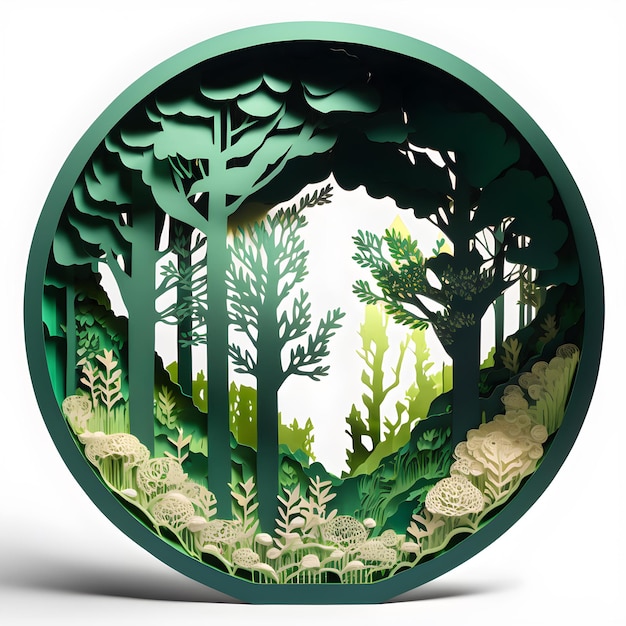 Floresta círculo papercut diorama origami árvore generativa ai