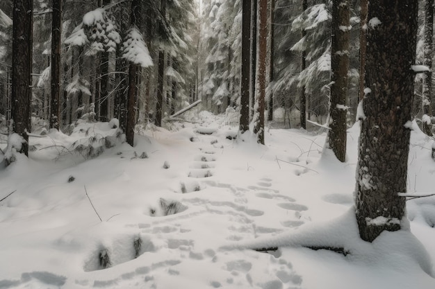 Floresta coberta de neve com pegadas liderando o caminho criado com IA generativa